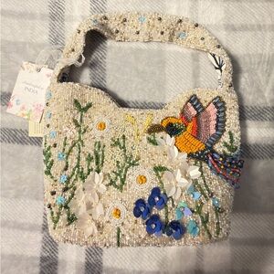 Embellished Beaded Handbag with Floral and Hummingbird Design